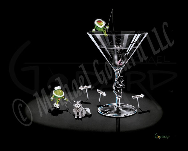 Black background canvas. A martini glass with a bear on the stem made of "ice" sits with an olive adorned in white fur atop the glass "fishing" for his salmon that's inside the glass. A female olive walks her wolf dog on a leash. Three arrow signs reading Skagway, Juneau, and Ketchikan surround the glass.