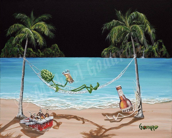 Black background canvas featuring "hops" relaxing on a hammock between two palm trees. He's hanging with his friend "wheat" while they chill with a red ice chest filled with beer. The ocean waves are gently lapping at the beach.