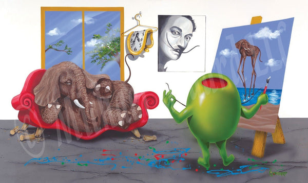 Black background canvas depicting Salvador Dali as a green olive, painting his famous long legged elephant onto the canvas, while a real elephant lays seductively on a red couch with broken legs. A window show the blue sky outside. A black and white photo of Dali hangs on the wall next to a melting clock on a hanger.
