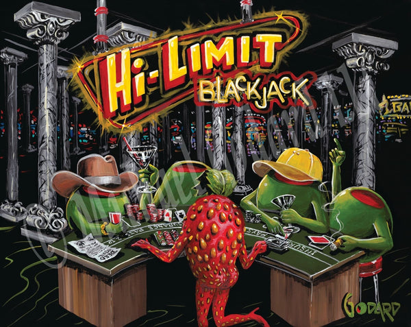 "Hi-Limit Blackjack" is in yellow and red behind four green male olives playing blackjack, while they drink martinis. One, wears a yellow baseball cap and one wears a brown cowboy hat. The sexy strawberry deals the cards and the slot machines peer through the pillars of the casino.