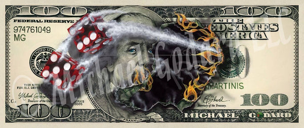 Canvas Print. A very real looking $100 bill featuring American founding father Benjamin Franklin. Two red dice, one showing a five and the other a six. Fire burning through the center of the bill where the dice came through.