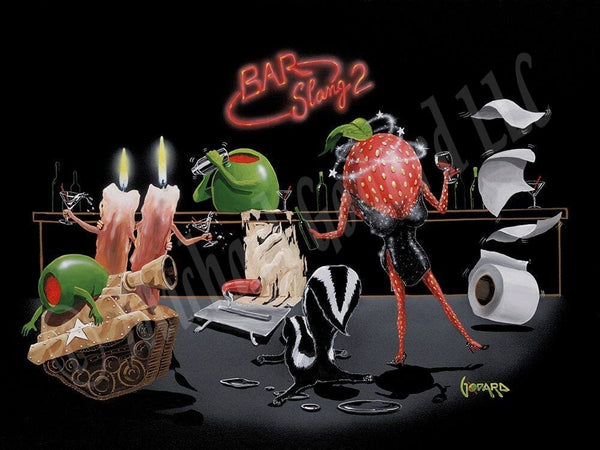 Black background canvas featuring seven words for getting drunk. Tanked is a brown tank with a passed out green olive on top. Lit is two peach colored candles drinking martinis. Plastered is a tool plastering the the bar. Skunked is a skunk passed out on the floor. Tipsy is a strawberry holding a glass of wine with stars circling her head. Three Sheets to the Wind is a roll of toilet paper with three sheets flying off. A green olive mixes a martini behind the bar and "Bar Slang 2" is on the wall.