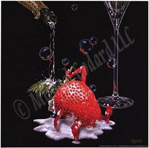 This 12 x 12" framed print depicts a sexy strawberry bathing in a bubbly lather of champagne with the bottom of a champagne class also in the image.