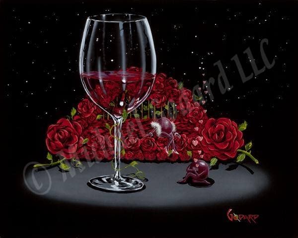 Black background canvas featuring a romantic scene where a purple grape is professing his love in a serenade to his beloved, a sexy lady grape posed on a bed of red roses. His heart-filled serenade floats away into the starry night. A beautiful glass of red wine is centered with a green vine climbing the stem.