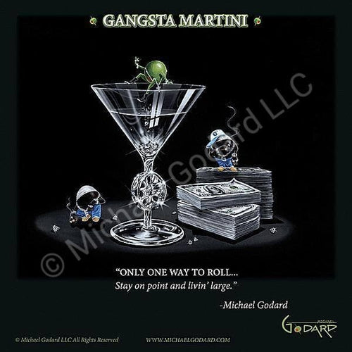 Two "gangsta" black olives stand on stacks of cash while a green olive dips her toes into a martini holding chash in her hand.