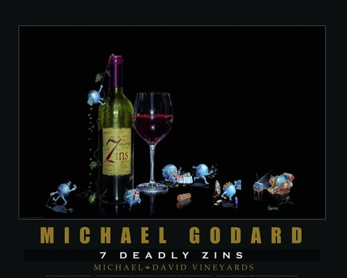 Black Poster - image of seven grapes acting out the seven sins, taking place around a glass of red wine and a bottle of Seven Deadly Zins wine.