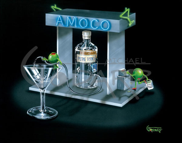 Black background canvas. "Amoco" gas pump is pumping straight vodka from the "Pure Vodka" bottle into a martini glass. A male olive is holding the hose atop the glass. The female olive is holding a bag full of cash that says, "Rita's Shopping Fund". She is at a cash register.