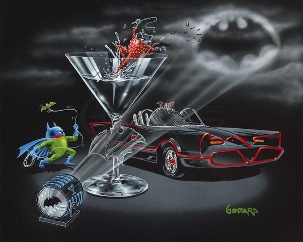 Black background canvas featuring batman as a green olive wearing his blue mask and cape. The strawberry Cat Woman is inside the martini glass. The glass has an etched bat in the stem. The black and red bat mobile car is awaiting them. The bat signal is high in the sky and several bats are approaching.
