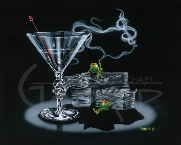 Black background canvas depictig two green olives lounging on stacks of cash, one olive is smoking and the smoke forms a dollar sign. The martini glass has a dollar sign carved into the stem and a red dollar sign stir stick is inside the glass.