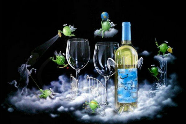 Black canvas with seven green grape angels 'hanging out in heaven' around two glasses and a full bottle of Heavenly Chards white wine.