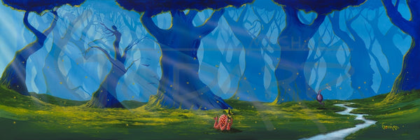 A forest is depicted with the lower branches of trees, some forming hearts all over this long horizontal piece of art. The sun raise shining through the blue haze. One tree forms the shape of a female with arms reached outward. A tire swing hangs from one of the trees and a single strawberry lays on the green grass next to a stream watching the fireflies.