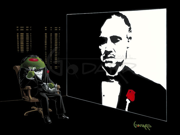 Black background canvas depicting the real "God Father" on the right and a green olive "God Father" on the left holding a martini in one hand and has a grey and white striped cat on his lap playing.