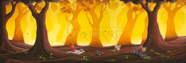 this glowing, golden forest is home to first love. Here in this tiny clearing, life fills the air with butterflies, and a squirrel scurries through the tree branches. As the beautiful strawberry pours their wine, the cork wanders the meadow collecting flowers for the strawberry. The red 1950's bicycle is leaning against a tree and hidden in the oak branches are many hearts shaped branches.