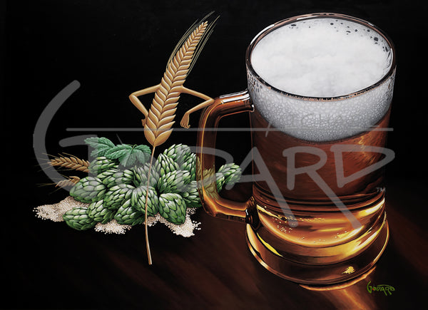 Black background canvas featuring a play on words from an adult version of the Jungle Book song. Here you will find all the ingredients required to create beer: Barley, Hops, Malt, and - of course - Wheat! The wheat is proudly leaning against the tall glass of beer with a foaming froth.
