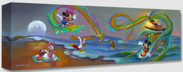 Mickey and friends are at the beach with a setting moon on the left and a hazy sun on the right. Daisy is sitting on a towel, watching the rest of the gang. Donald is running into the water with a surfboard over his head. Pluto is swimming with goggles on. Mickey, Minnie, and Goofy are all surfing on bursts of rainbows coming from the water.