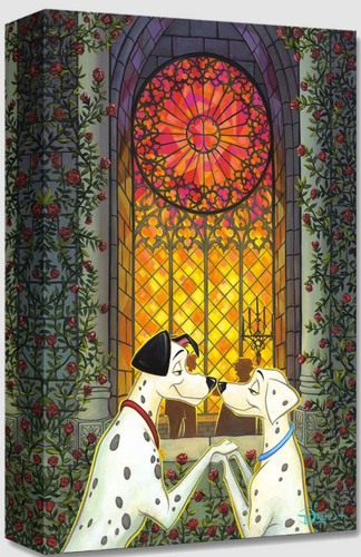 Beautiful bright colors in yellow, orange, pink church window. Red roses on vines going up both sides. Two Dalmatian dogs "holding paws" with noses touching.