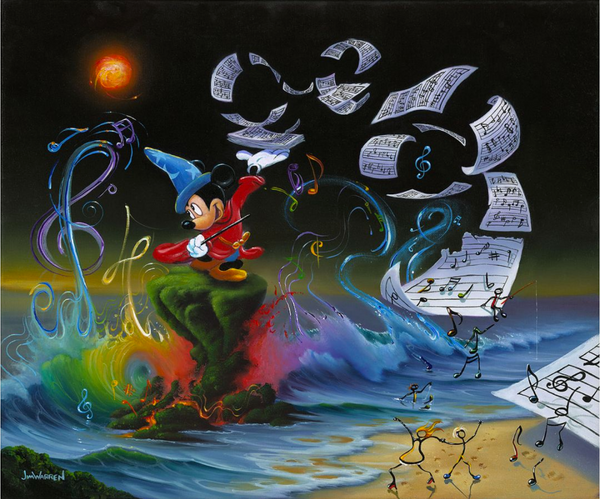 Wizard Mickey stands on a grassy platform in the ocean, near a sandy shore. In one hand is a wand, the other a stack of sheet music. The sheet music flies from his hand and spirals towards shore, where colorful music note men dance off the page. Behind him is a rainbow wave, with colorful clefs and notes coming from it.
