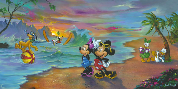 Mickey and Minnie are standing on a beach setting with a colorful sky in their swimsuits. Daisy dances in a hula skirt, dancing for Donald who is playing ukulele under a palm tree. Goofy is in the water, struggling with his water skis as he sits in the water, while Pluto stands on a beach ball floating in the water.