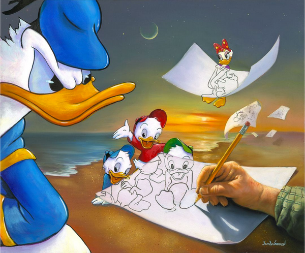 Donald Duck stares grudgingly on the left as a wrinkled hand uses a pencil to draw Huey, Dewey, and Louie, who's heads are off the page in color. Papers float across a beach sunset scene, with a rising crescent moon and Daisy Duck's head and feet off an otherwise sketched body.