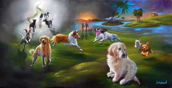 painted image of several dogs on grassy field with a meadow and stairway to heaven in the background