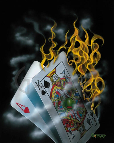 Black background Canvas. This image depicts the hand of cards on fire. The King is holding up a martini as if toasting the winning hand. There is nothing more enjoyable than playing blackjack with a hot hand.