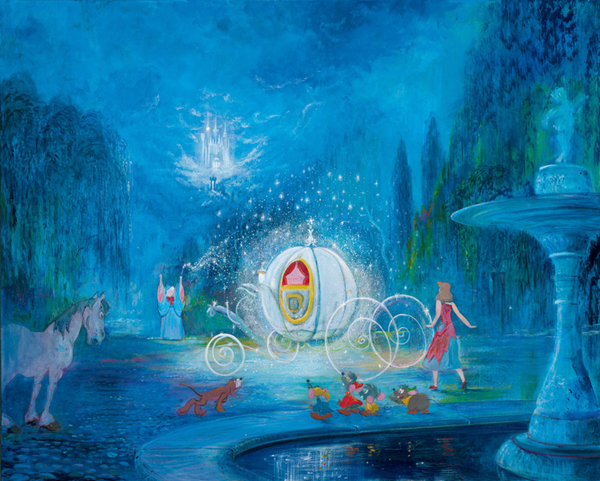 Cinderella watching the pumpkin turning into a carriage, with the horse, dog and mice watching next to her.