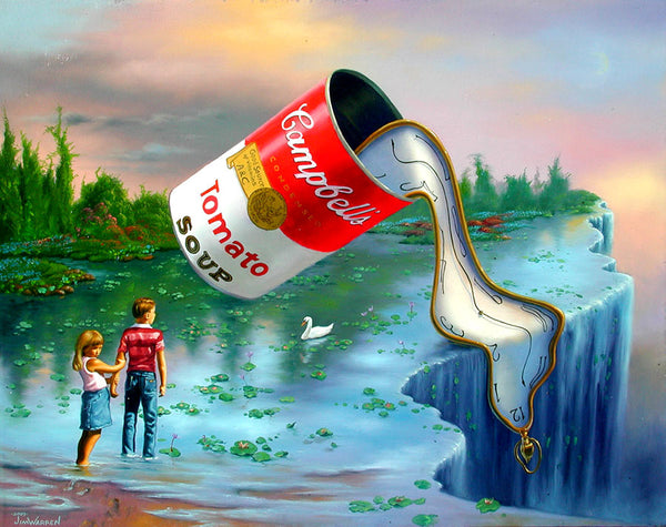 This painting features elements of four famous ones, such as a clock hanging over a waterfall from "The Persistence of Memory" by Dalí a can from Warhol's "Campbell's Soup Cans" piece, a young boy and girl found in the style of Rockwell, and the green nature found in Monet's.