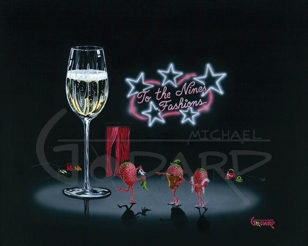 Black background canvas depicting three sexy strawberries, one covered in chocolate out shopping. One of them has a pair of green boots and white heels in her hands. The sign on the wall reads, "To The Nines Fashions" with neon stars. And of course, there's a tall class of champagne.