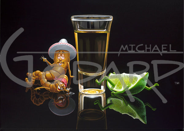 Black background on canvas depicting two worms laying drunk on the floor next to a shot of tequila. The lime is laying on his back with arms and legs flailing. Hector is wearing a white sombrero and Lupe is wearing a red bandana.