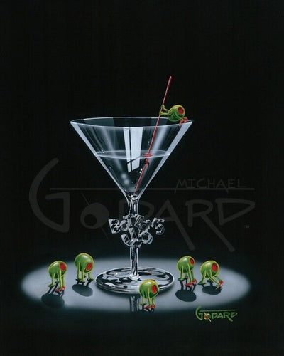 A black background canvas. A martini glass with "Bottoms Up" carved into the stem. Surrounding the glass are five female green olives with their pimento "bottoms" ino the air. A single famale olive is holding the stir stick on top of the glass.