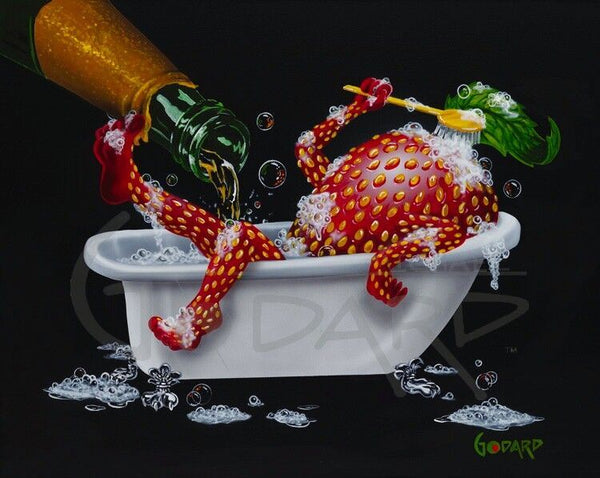 Black background Canvas. A sexy strawberry bathes in a bubbly tub full of champagne pouring from the bottle. The tub is a classic claw foot tub and she is using a bath brush to scrub with.