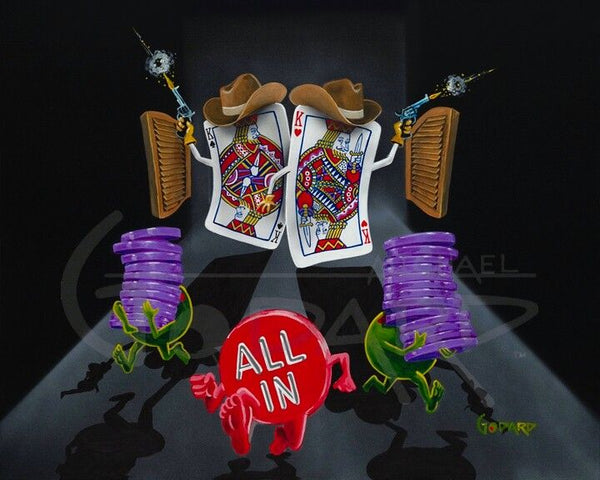 Black background canvas depicting two "cowboy" cards in the King of hearts and spades shooting their guns in the air and wearing brown cowboy hats. The red "All In" chip runs, as do the two green olives carrying several purple chips.