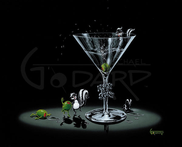 Black background on canvas depicting three drunk olives, one passed out on the floor and the other splashing to the bottom of the martini. And three drunk skunks, one passed out and one hanging out inside the glass. The other olive and skunk are dancing under the glass. The stem of the glass says, "Drunk as a skunk".
