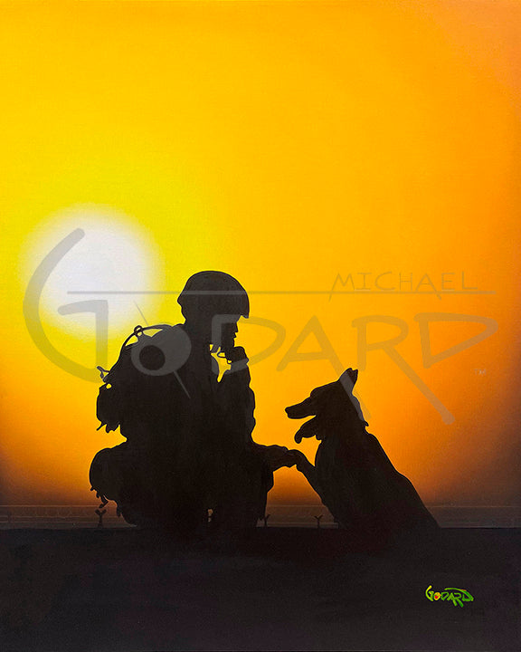 Yellow sunset in background, with a soldier kneeling while holding the paw of a German Shepard like dog. 