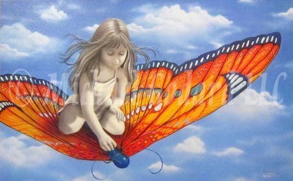 This realism image depicts a little girl riding a colorful Butterfly through the blue sky. The butterfly is  mix of reds, orange, yellow and blue. 