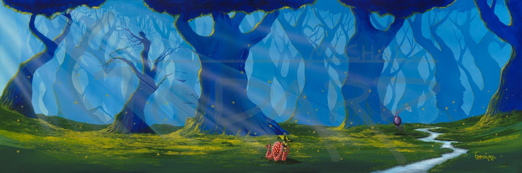 A forest is depicted with the lower branches of trees, some forming hearts all over this long horizontal piece of art. The sun raise shining through the blue haze. One tree forms the shape of a female with arms reached outward. A tire swing hangs from one of the trees and a single strawberry lays on the green grass next to a stream watching the fireflies. 