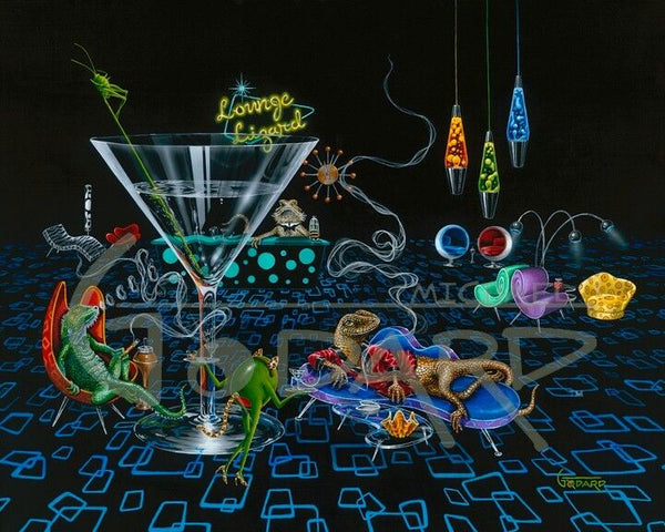 Two lizards lounding in a retro setting, smoking cigars and drinking martinis, while a sexy green olive dressed like a cat dances on the "pole" of the martini glass. In there back ground there is a lizard behind the bar and three lava lamps in orange, green and blue.