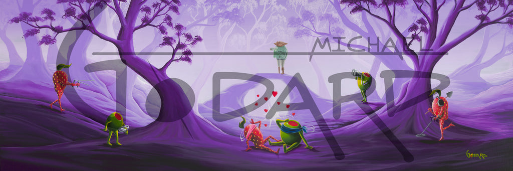 In colors of purple and lavender, a sexy strawberry and a green olive are dizzy after running into each other. There's a strawberry off to the right with a medal detector looking for her own love. An olive is seen in the back grown on a stone bridge looking through his looking glass for love, while another olive is searching for love using another gadget. Two trees adorn the sides of this painting. 