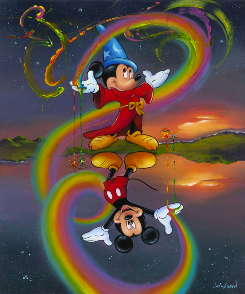A mirrored painting shows the top half as wizard Mickey in his red robe and blue hat. Coming from his hand are swirls of paint seemingly alive. A sunset over green hills and a starry sky lay behind him. Mirrored in this is regular Mickey, with a rainbow coming from him and connecting with the paint that Wizard Mickey conjured.