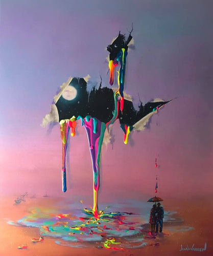 Painting by Jim Warren with paint dripping through ripped canvas with couple holding umbrella and moon shining through background of pastel colors