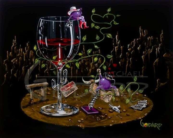 Two purple grape cowgirls laso a cork mecanical bull and a wine glass full of red wine.